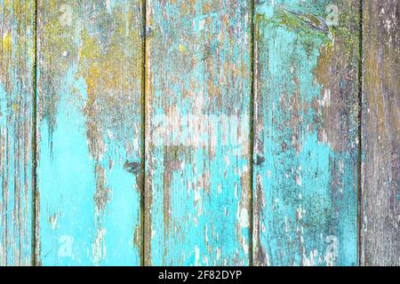 Vertical wooden planks background with teal blue and yellow colored old weathered planks with chipped paint Stock Photo