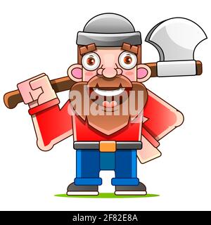 Lumberjack with axe and downed log, forest background. Vector Stock Vector