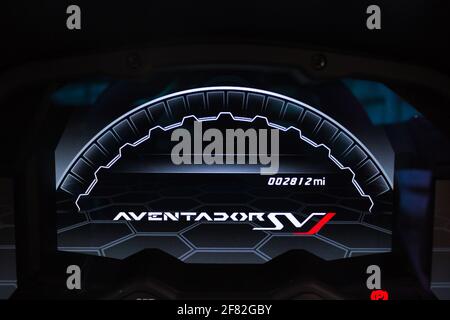 A 2020 Lamborghini Aventador SVJ Digital Dashboard  With Aventador SVJ Logo On Start Up Stock Photo