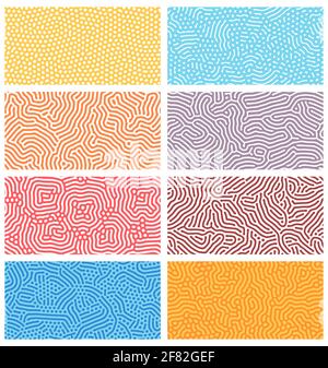 Diffusion seamless patterns. Modern bio organic Turing design with abstract stipple, dots and lines. Geometric ornament vector textures set Stock Vector