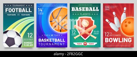 Sport games flyer. Basketball, baseball, football match and bowling tournament posters. Soccer, ball game event banner templates vector set Stock Vector