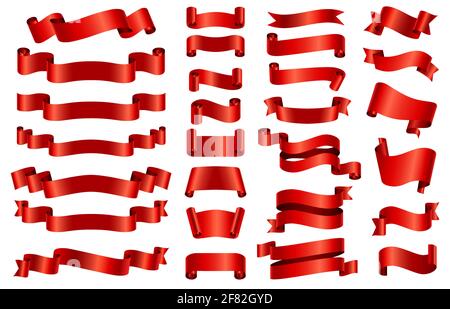 Red silk ribbon banners. 3d curved and spiral glossy ribbons for congratulation, opening, gift or festive. Satin decorative band vector set Stock Vector