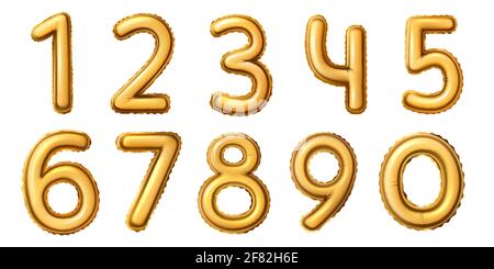Golden number balloons. Realistic numeral alphabeth for birthday, anniversary or new year celebration. Gold foil balloon 0 to 9 vector set Stock Vector