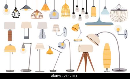Cartoon lamps. Cozy flat torcheres, hanging chandeliers and lamp for table, floor. Home illumination design for modern interior vector set Stock Vector