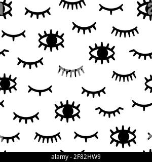 Seamless eyelash pattern. Print with winking, closed and open female eye with long lashes. Woman makeup. Fashion monochrome vector texture Stock Vector