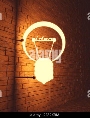 Lamp outline icon. Illustration of brainwork, idea appearance. Switch on bulb icon with idea text. 3D rendering. Neon bulb street sign illumination Stock Photo