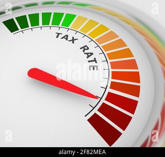 Abstract meter read level of tax rate result. Color scale with arrow ...