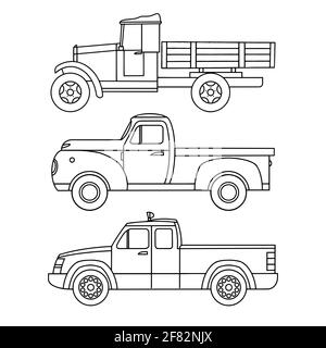 Set of linear icons of old trucks for printing. Vector clipart Stock Vector