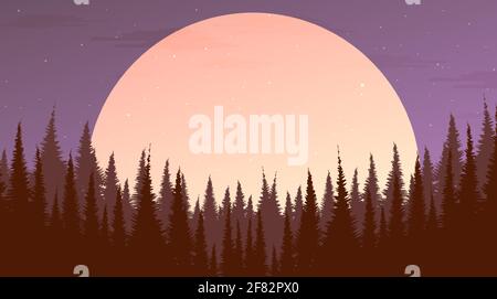 Fullmoon Night Pine Forest with the moon,landscape background, evening concept design,vector Stock Vector