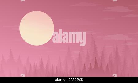 Vector Fullmoon on Pine Forest,landscape background,sunshine and sunrise concept design. Stock Vector