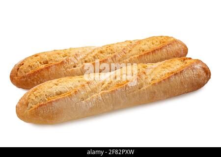 two fresh crunchy french baguette breads isolated on white Stock Photo