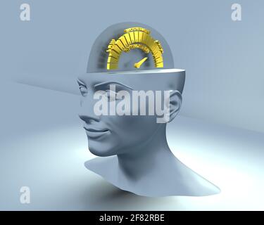 Open minded woman with optimization level measuring device. Sign tachometer, speedometer, indicators. Infographic gauge element. 3D rendering Stock Photo