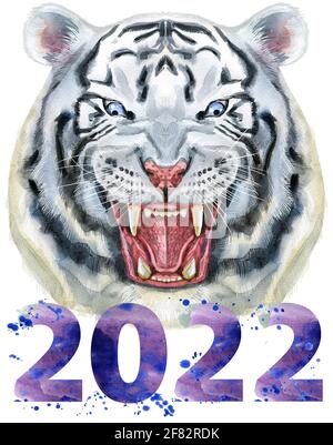 White aggressive tiger with open mouth and huge fangs, with number two thousand and twenty two Stock Photo