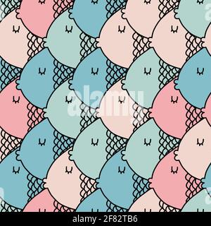 Fish pattern. Funny fishes on textile clothes t shirt sweatshirt. Pink blue fabric repeat design. Sea seamless background Stock Vector