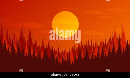 Vector Fullmoon on Pine Forest,landscape background,sunshine and sunrise concept design. Stock Vector
