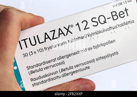 Itulazax tree sublingual allergy immunotherapy (SLIT) tablets used to desensitization of birch and tree pollen allergies. Apr 2020, Espoo, Finland. Stock Photo