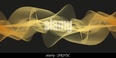 Waving Golden Digital Sound Wave on Black Background,technology and earthquake wave diagram concept,design for music studio and science,Vector Illustr Stock Vector
