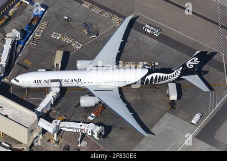 Los Angeles, USA - 20. February 2016: Air New Zealand Boeing 777-300 at Los Angeles airport (LAX) in the USA. Boeing is an aircraft manufacturer based Stock Photo