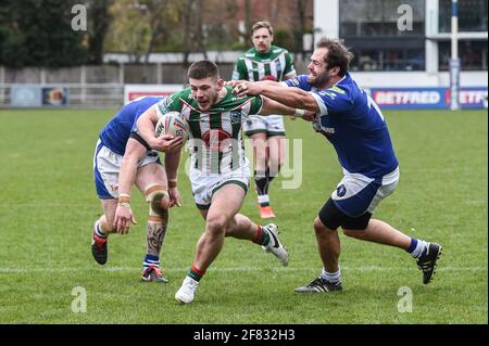 Sale, England - 11th April 2021 - Danny Walker (16) of Warrington Wolves skips through to score try during the Rugby League Betfred Challenge Cup Round 3 Swinton Lions vs Warrington Wolves at Heywood Road Stadium, Sale, UK  Dean Williams/Alamy Live News Stock Photo