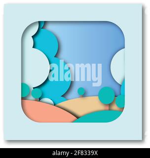 Papercut, Park in the spring. Nature and Ecology. Blue clouds and brown bumps. Green trees. Stock Vector