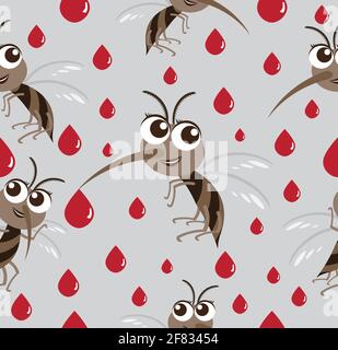 Vector Seamless pattern Mosquito Cartoon Character with red blood. Stock Vector