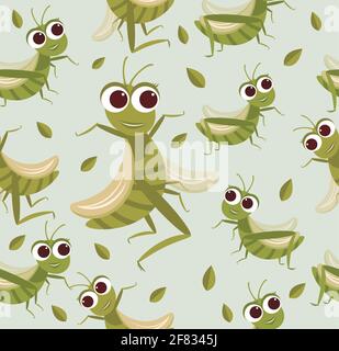 Vector Seamless pattern grasshopper Cartoon Character design Cute style concept. Stock Vector