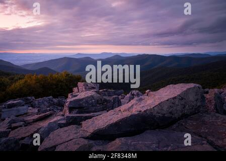 Purple ambient light at sunset over Shenandoah National Park from Blackrock Summit. Stock Photo