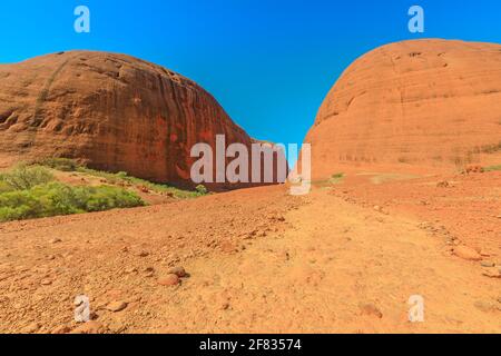 Scenic landscape of walk between two tallest domes of Walpa Gorge in Uluru-Kata Tjuta National Park, Northern Territory, Australia. Aboriginal land in Stock Photo