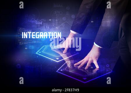 Hand touching digital table concept Stock Photo