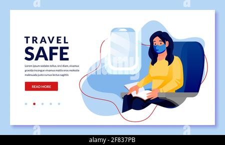 Woman in medical protection masks travel by airplane. Female passenger sitting and reading in plane. Vector cartoon character illustration. Air travel Stock Vector