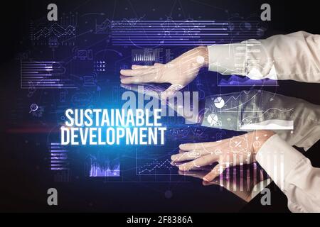 Businessman touching huge screen concept Stock Photo