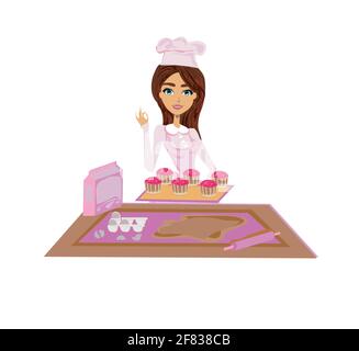 beautiful girl chef serves sweet muffins Stock Vector