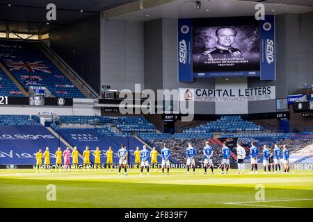 Ibrox Stadium, Glasgow, UK. 11th Apr, 2021. Scottish Premiership Football, Rangers versus Hibernian; Before kick between Rangers V Hibernian at Ibrox today a minute's silence was observed in memory of HRH The Prince Philip, Duke of Edinburgh who passed on the 9th April. Credit: Action Plus Sports/Alamy Live News Stock Photo
