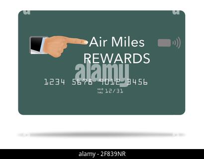 A finger points at the title of a generic air miles rewards credit card in this 3-D illustration. Stock Photo