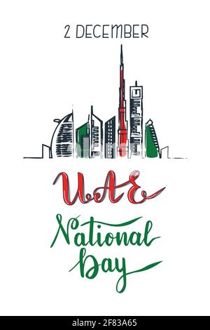 UAE National Day lettering painting and Dubai cityscape with skyscrapers and landmarks in arab emirates flag colors vector illustration. Stock Vector