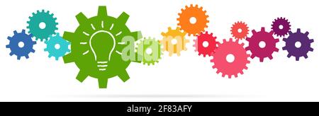 eps vector illustration of colored gears symbolizing cooperation or teamwork process with glowing light bulb for great solution idea Stock Vector