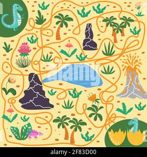 Help dinosaur find path to nest. Labyrinth. Maze game for kids. Help dino moms to find their eggs kid learning game with maze. Stock Vector