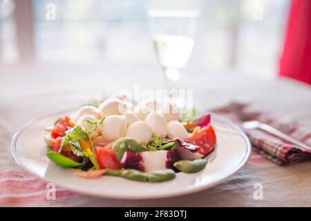 Mixed colorful vegetables salad with Mozzarella cheese balls on top Stock Photo