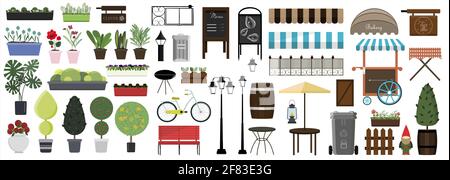 Big set of vector items for street, Park or garden design. Flat illustration of different types of flowers, trees and plants for indoor and outdoor Stock Vector
