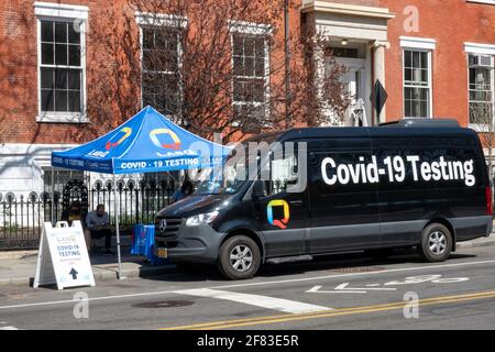 Covid-18 Testing Van at Washington Square Park, April 2021, NYC, USA Stock Photo