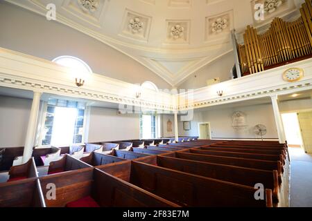 Altar of United First Parish Church. This church was built in 1828 in downtown Quincy, Massachusetts, USA. Presidents John Adams and John Quincy Adams Stock Photo