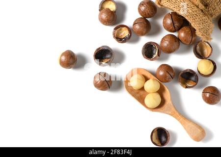 Peeled macadamia nuts in wood spoonl isolated on white background, Macadamia nuts are loaded with flavonoids and tocotrienols and rich in heart-health Stock Photo