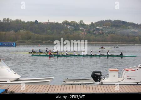Varese, Italy. 10th Apr, 2021. Rowers training on Day 2 at the European Rowing Championships in Lake Varese on April 10th 2021 in Varese, Italy Credit: Mickael Chavet/Alamy Live News Stock Photo