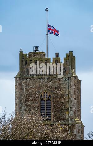 Union Jack flag flying at half-mast honouring Prince Philip, Duke of Edinburgh after his death Stock Photo