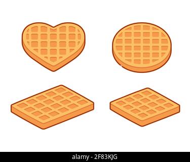 Waffle shapes set: round, square, rectangular and heart shaped waffles. Simple cartoon isometric icons, vector illustration. Stock Vector