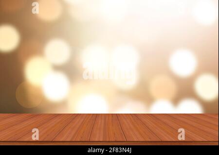 empty wooden table on blurred light gold bokeh background, place for your products on the tables Stock Photo