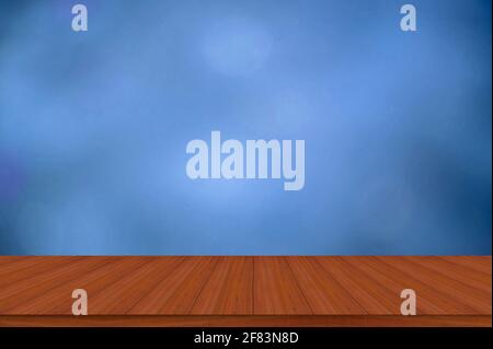 Empty wooden table and blue background with empty spaces Use it for displaying your products. Stock Photo