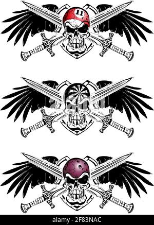 three skull emblems with wings and swords Stock Vector