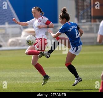 Glasgow, UK. 11th Apr, 2021. Alana Marshall of Spartans and Emma Brownlie of Rangers during the Scottish Women's Premier League 1 match at Rangers Training Centre in Glasgow, Scotland. Credit: SPP Sport Press Photo. /Alamy Live News Stock Photo