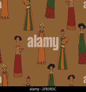 Seamless vector pattern with beautiful African people on brown background. Simple ethnic women wallpaper design. Female tribe fashion textile. Stock Vector